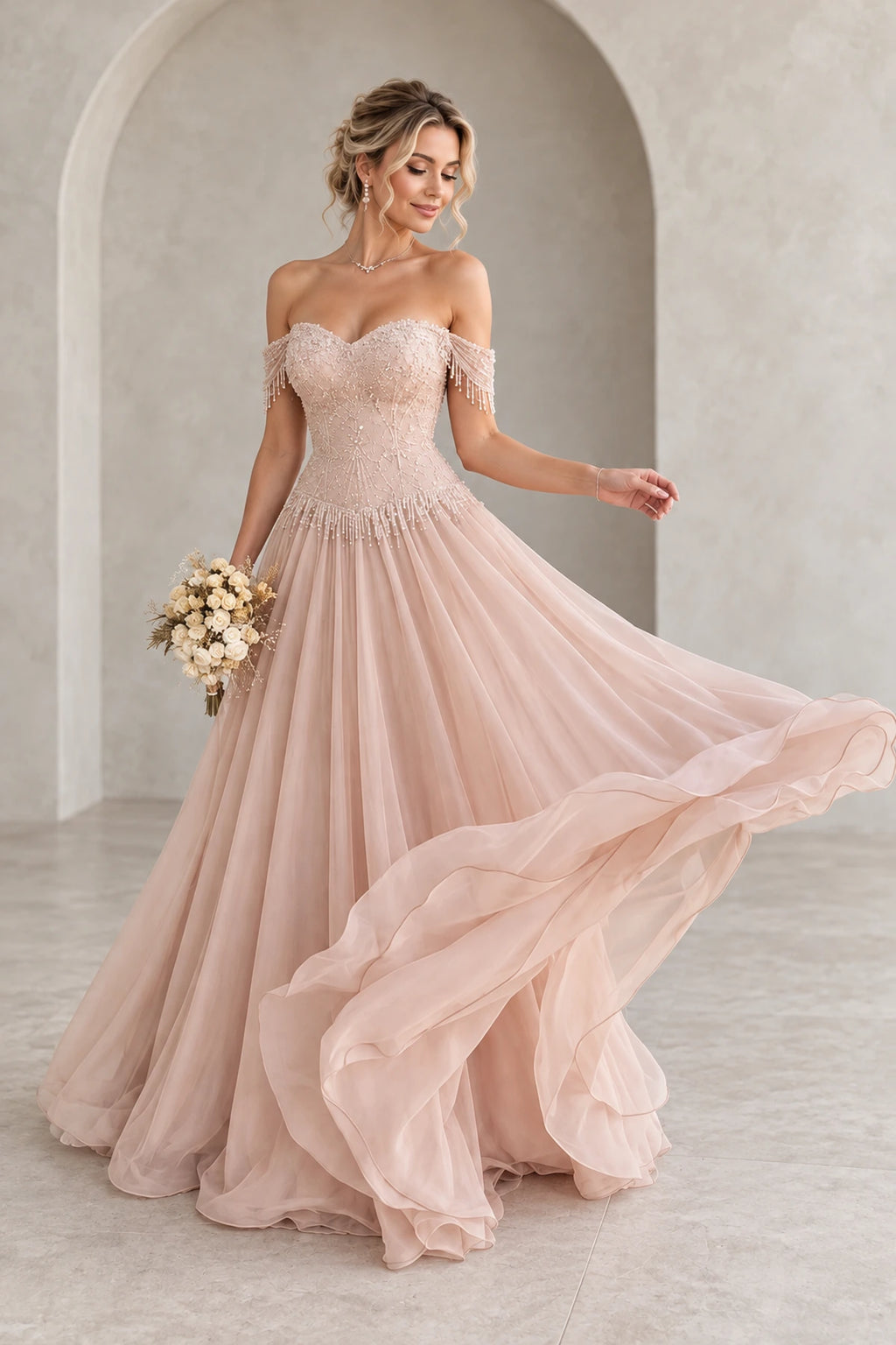 Romantic Tulle A-Line Sweetheart Short Sleeve Zipper Back Long Prom Dress