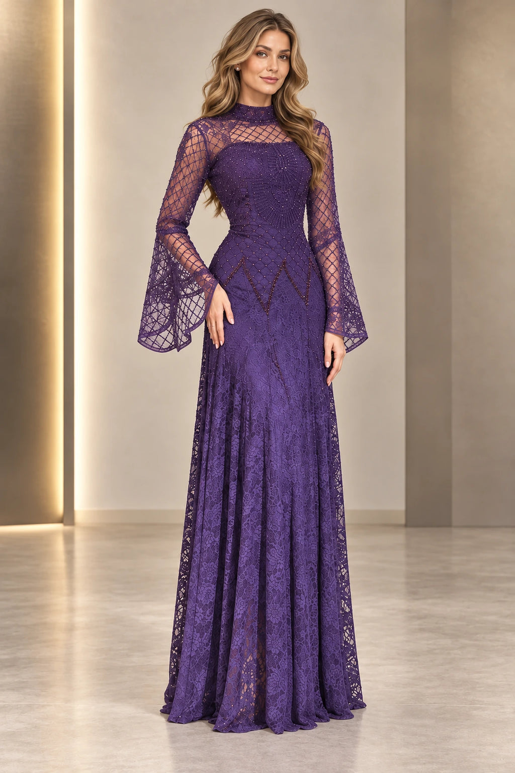 Elegant Beaded Lace Mermaid High Neck Bell Sleeve Closed Back Long Evening Dress