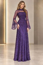 Elegant Beaded Lace Mermaid High Neck Bell Sleeve Closed Back Long Evening Dress