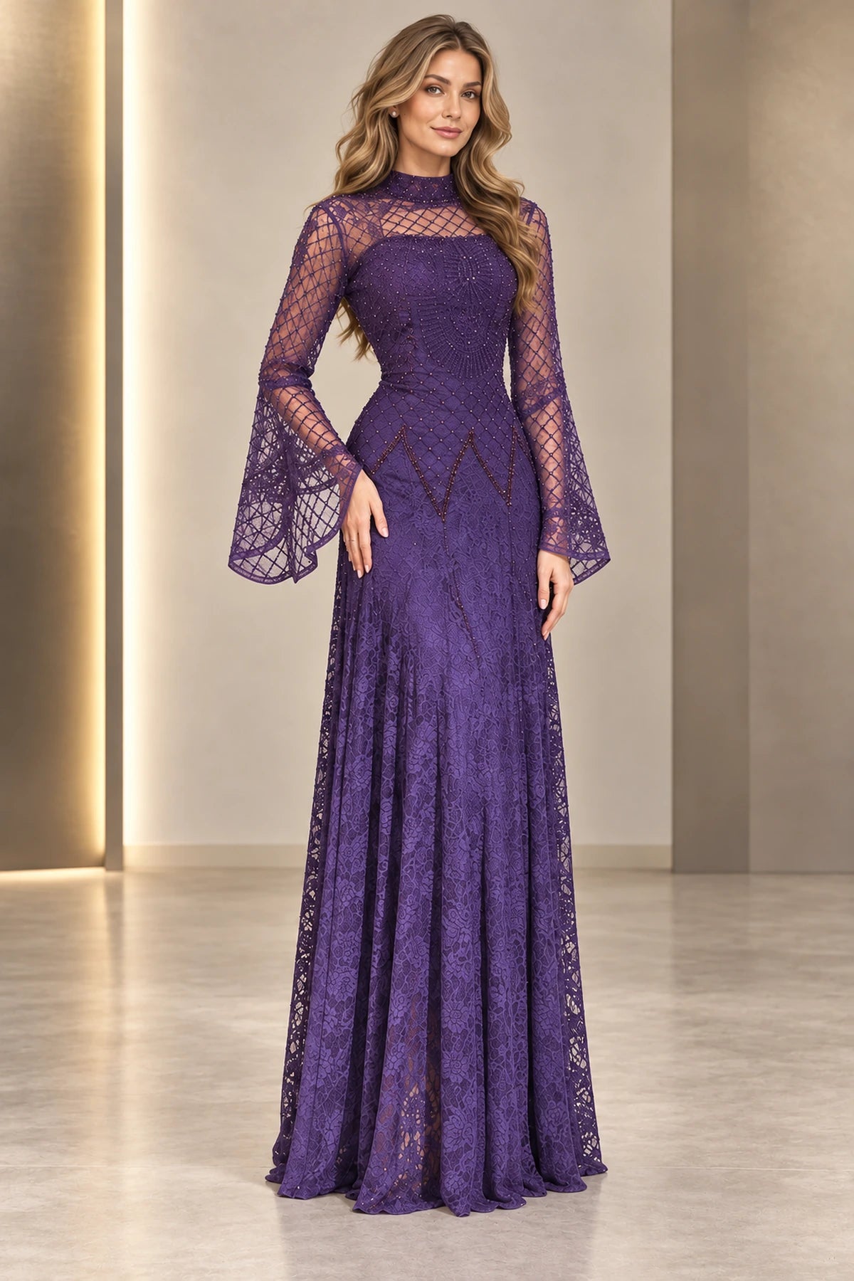 Elegant Beaded Lace Mermaid High Neck Bell Sleeve Closed Back Long Evening Dress