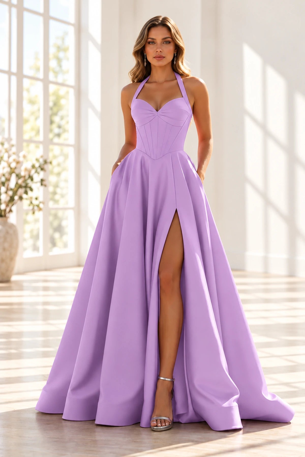 Elegant Satin A-Line Halter Sweetheart Sleeveless Lace-Up Back Long Prom Dress