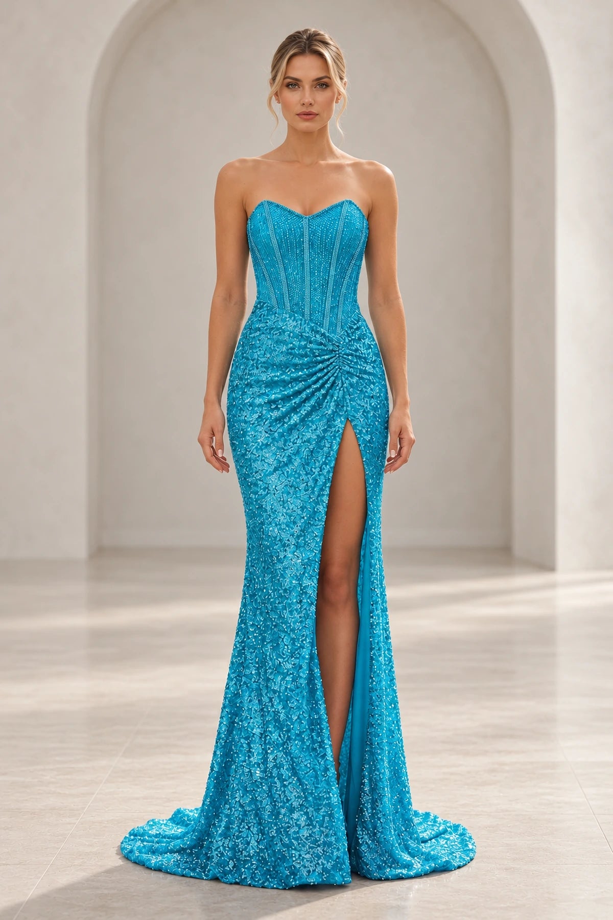 Elegant Sequin Mermaid Sweetheart Strapless Corset Lace-Up Back Prom Dress