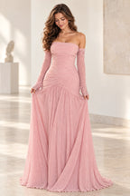 Romantic Chiffon A-Line Strapless Long Sleeve Low Back Long Prom Dress