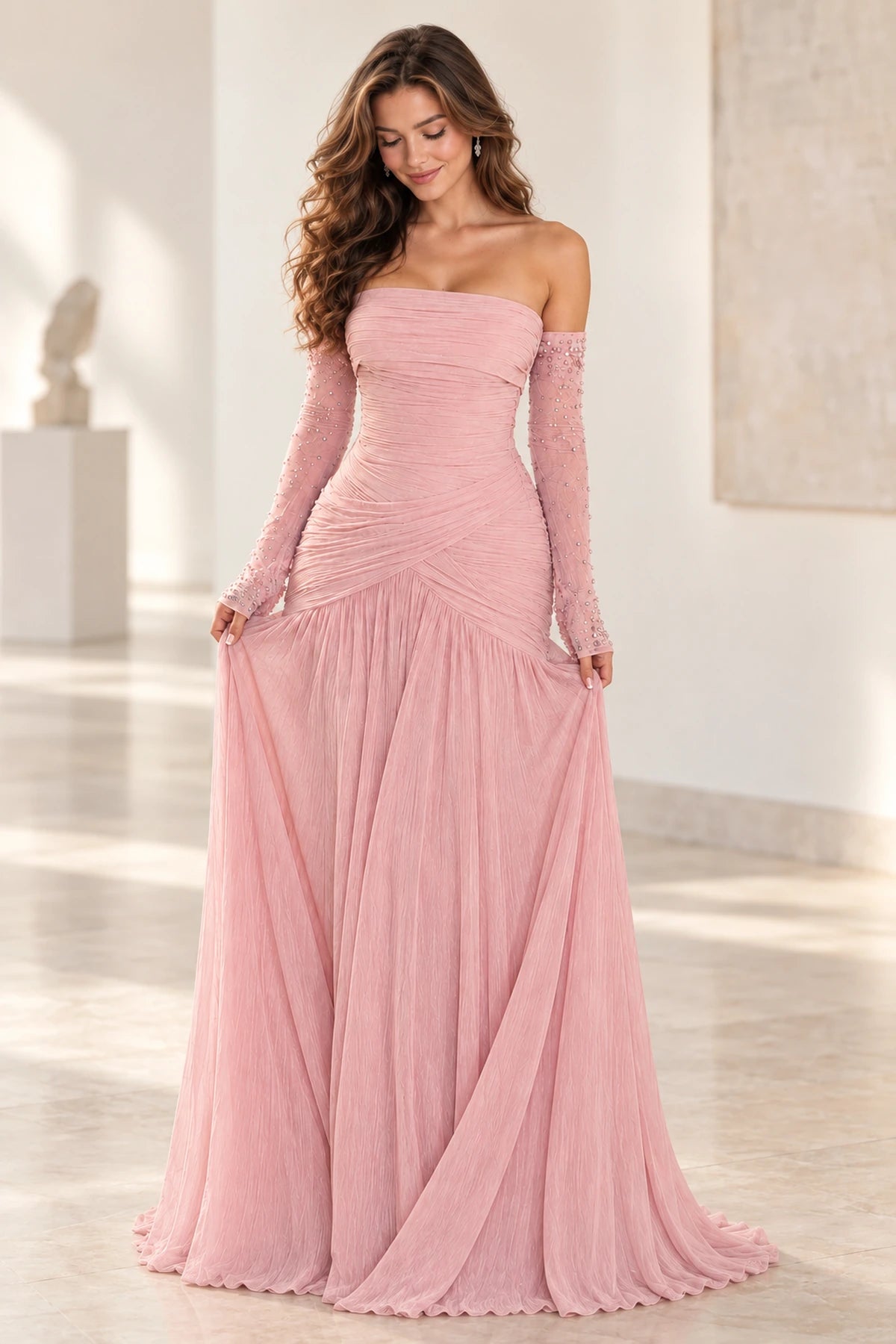 Romantic Chiffon A-Line Strapless Long Sleeve Low Back Long Prom Dress