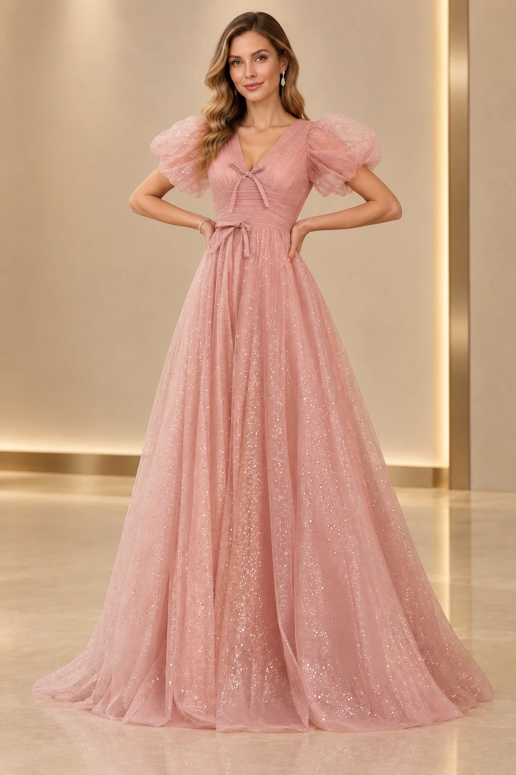 Dreamy A Line V Neck Puff Sleeve Lace Up Prom Dress