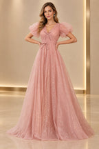 Dreamy A Line V Neck Puff Sleeve Lace Up Prom Dress