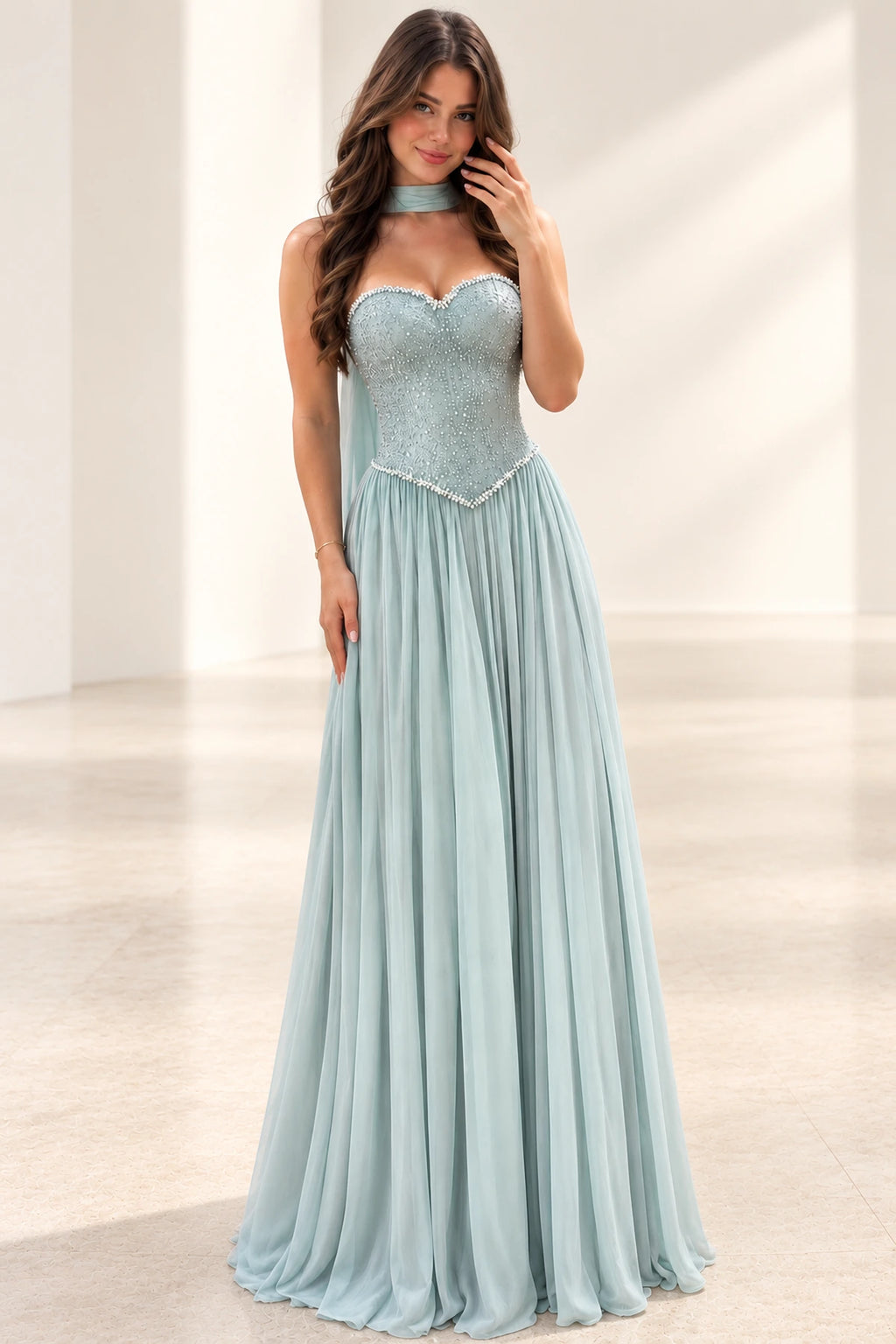 Elegant Beaded Chiffon A-Line Sweetheart Sleeveless Low-Back Long Wedding Guest Dress