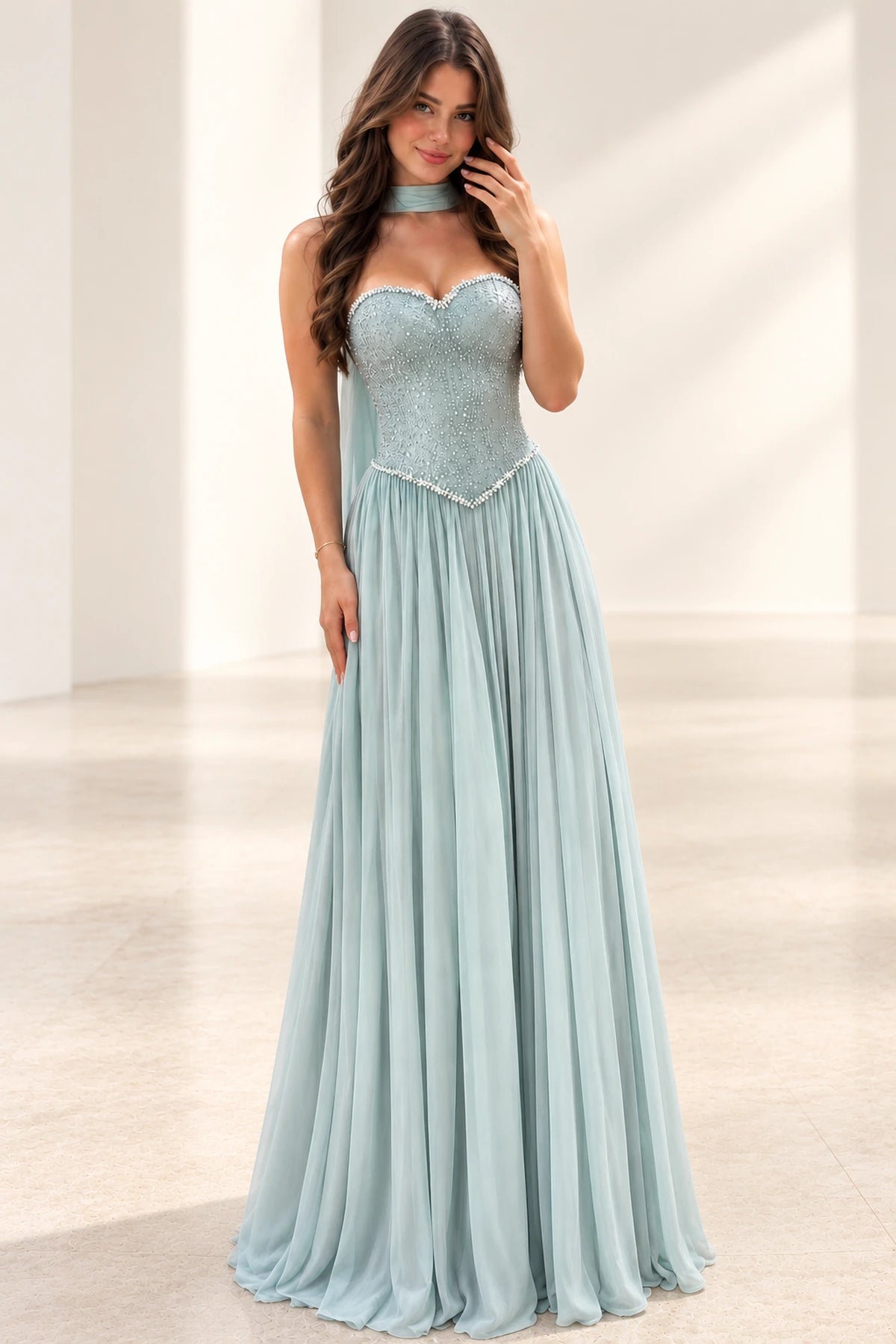 Elegant Beaded Chiffon A-Line Sweetheart Sleeveless Low-Back Long Wedding Guest Dress