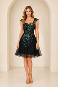 Black embroidered homecoming Dress with square neckline and short sleeves front view