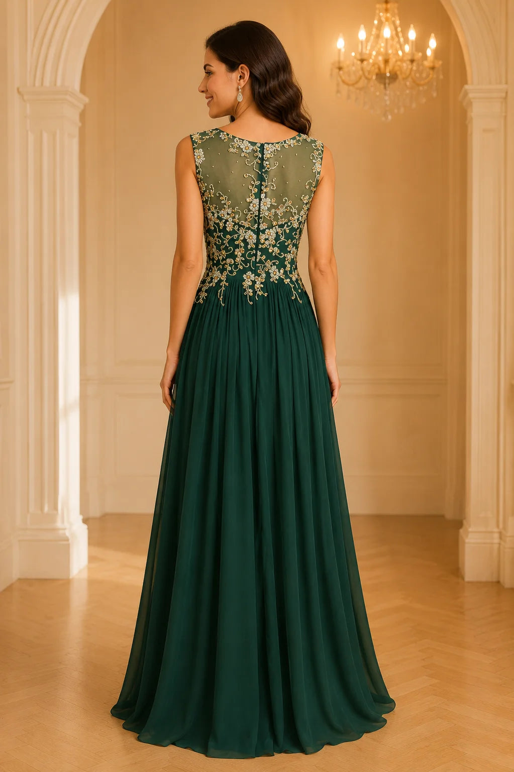 Dark Emerald Green Chiffon Mother of the Bride Dress