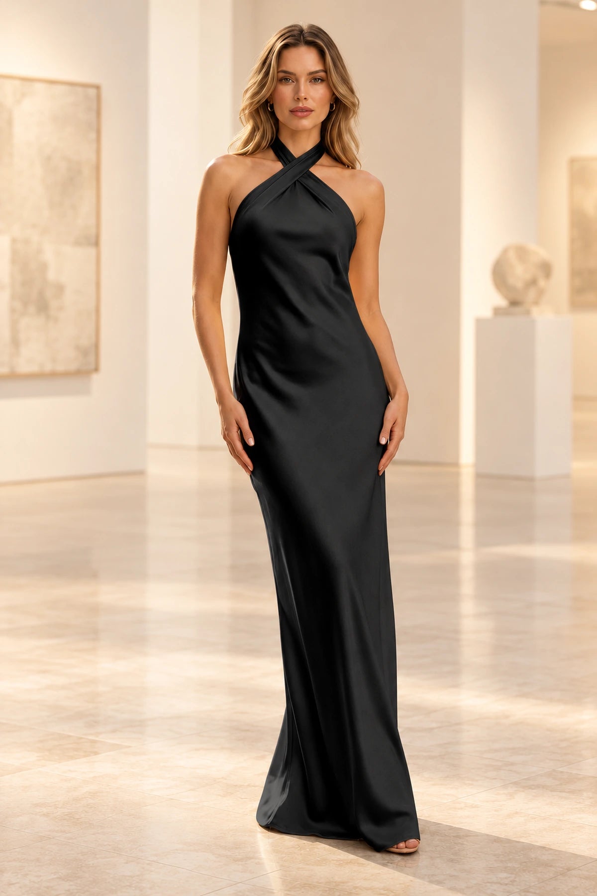 Elegant Satin Sheath Halter Sleeveless Bow-Back Floor-Length  Prom Dress