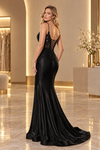 Elegant Satin Mermaid V-Neck Spaghetti Strap Lace-Up Back Long Prom Dress