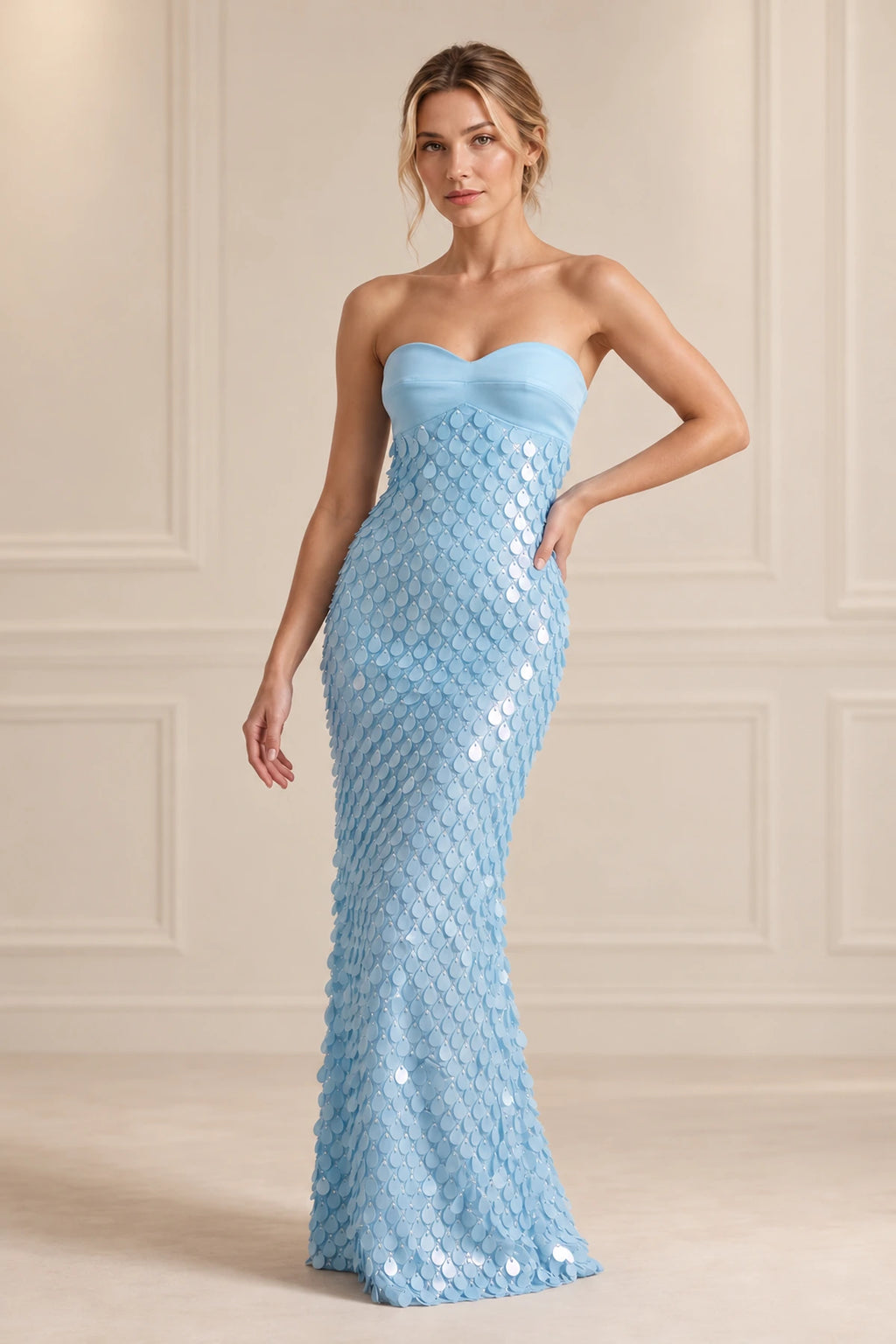 Elegant Sequin Sheath Sweetheart Strapless Lace-Up Back Long Prom Dress