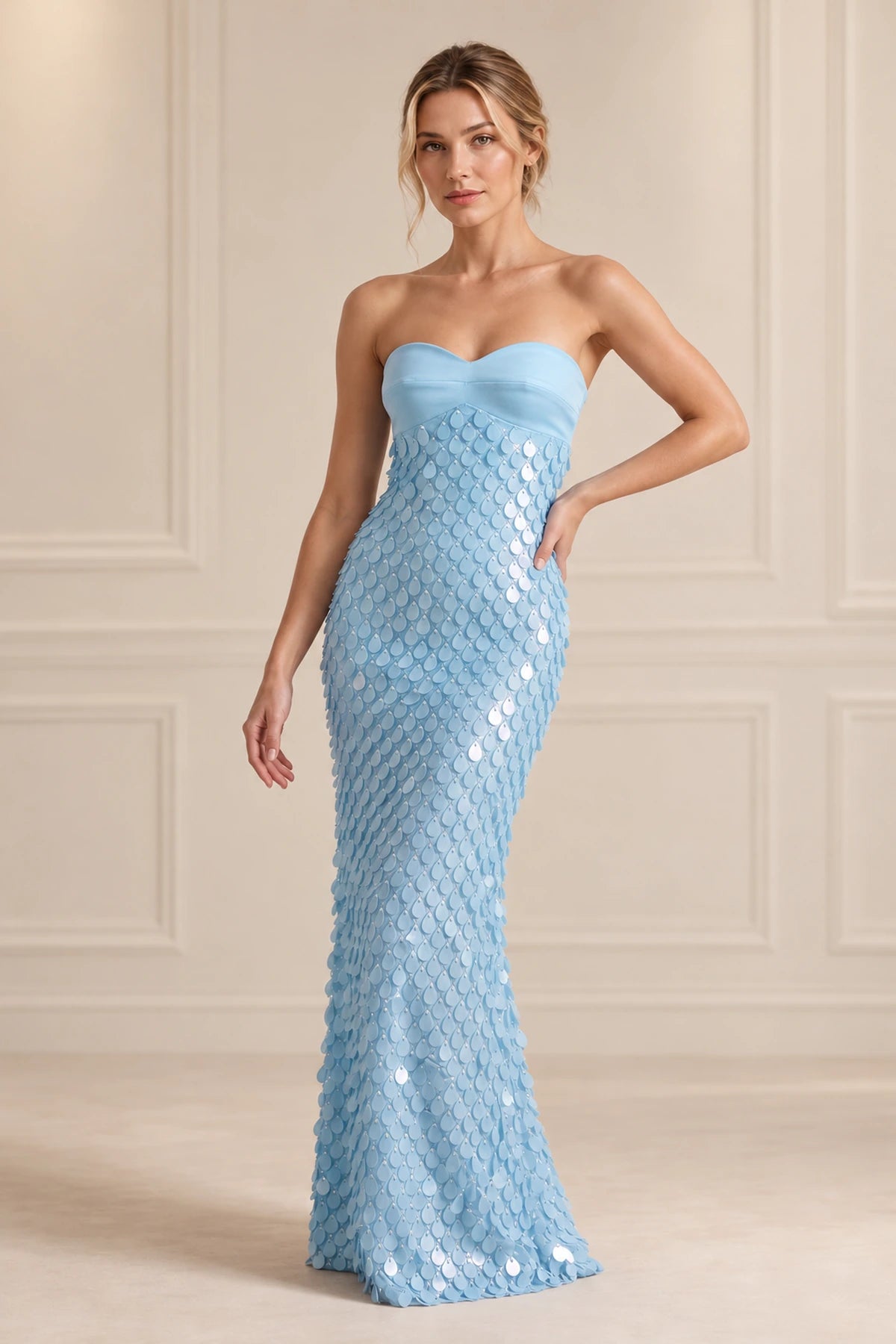 Elegant Sequin Sheath Sweetheart Strapless Lace-Up Back Long Prom Dress