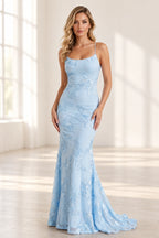 Elegant Floral Applique Mermaid Scoop Neck Spaghetti Strap Lace-Up Back Prom Dress