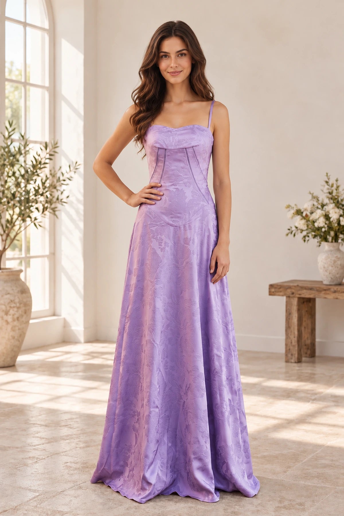 Elegant Jacquard A-Line Square Neck Spaghetti Strap Lace-Up Back Long Prom Dress