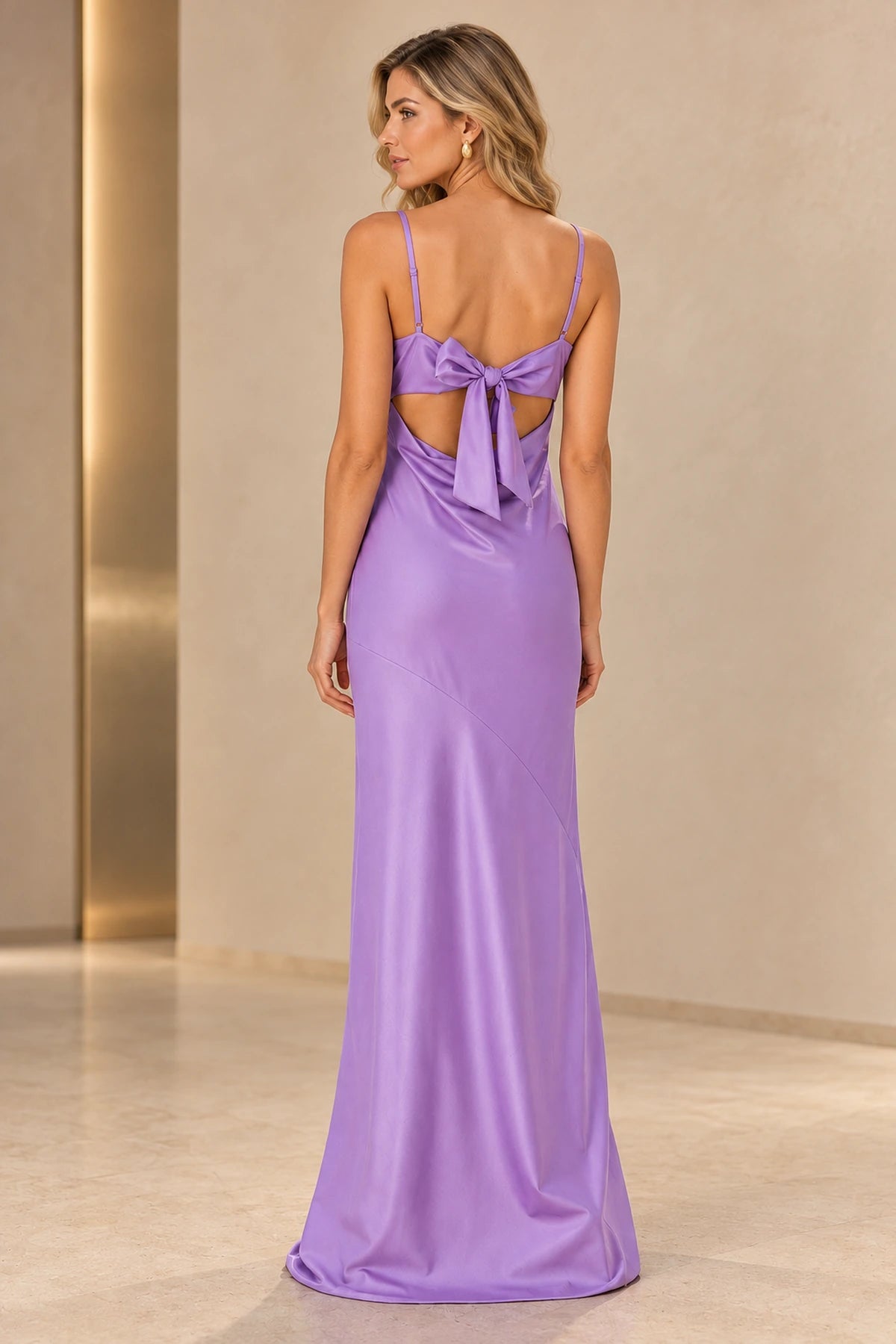Satin Spaghetti Strap Square Neck Open Bow Back Mermaid Prom Dress