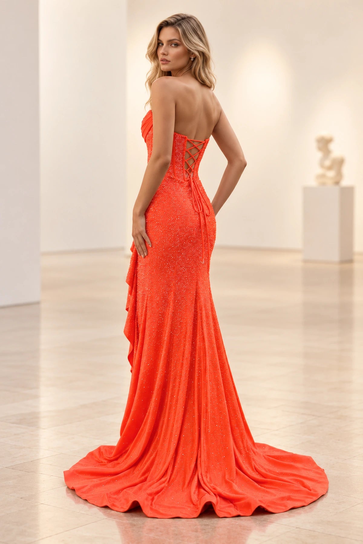 Glamorous Beaded Mermaid Strapless Draped Corset Lace-Up Back Long Prom Dress