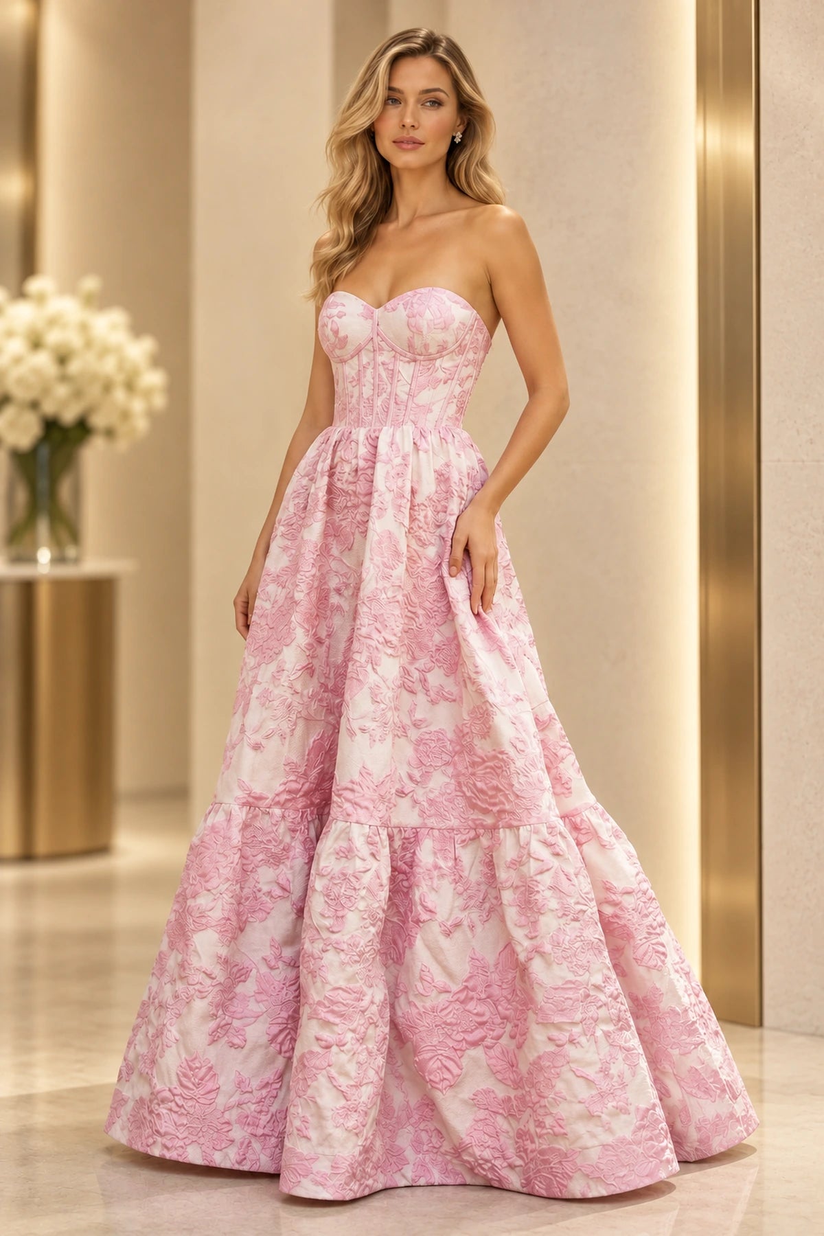 Elegant Floral Jacquard A-Line Sweetheart Strapless Lace-Up Back Long Prom Dress