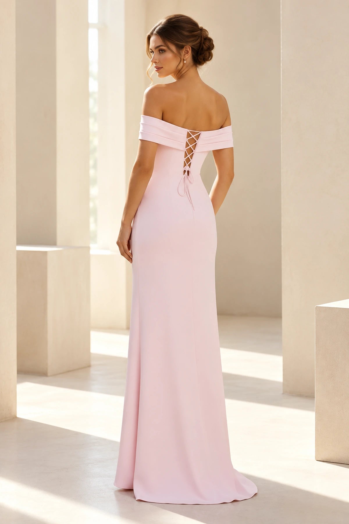Elegant Sheath Off Shoulder Short Sleeve Lace-Up Back Long Prom Dress