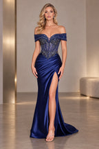 Glamorous Satin Mermaid Sweetheart Off-Shoulder Short-Sleeve Floor-Length Prom Dress