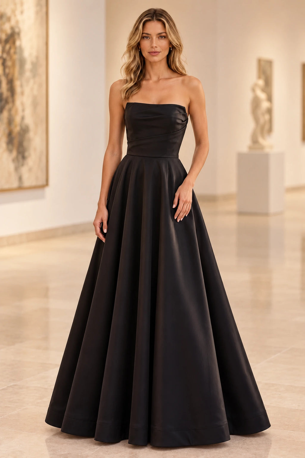 Chic Satin Look A Line Straight Neck Strapless Long Prom Dress