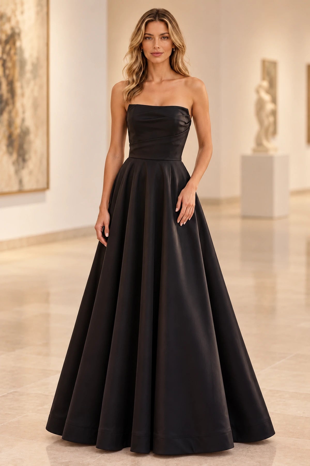Chic Satin Look A Line Straight Neck Strapless Long Prom Dress