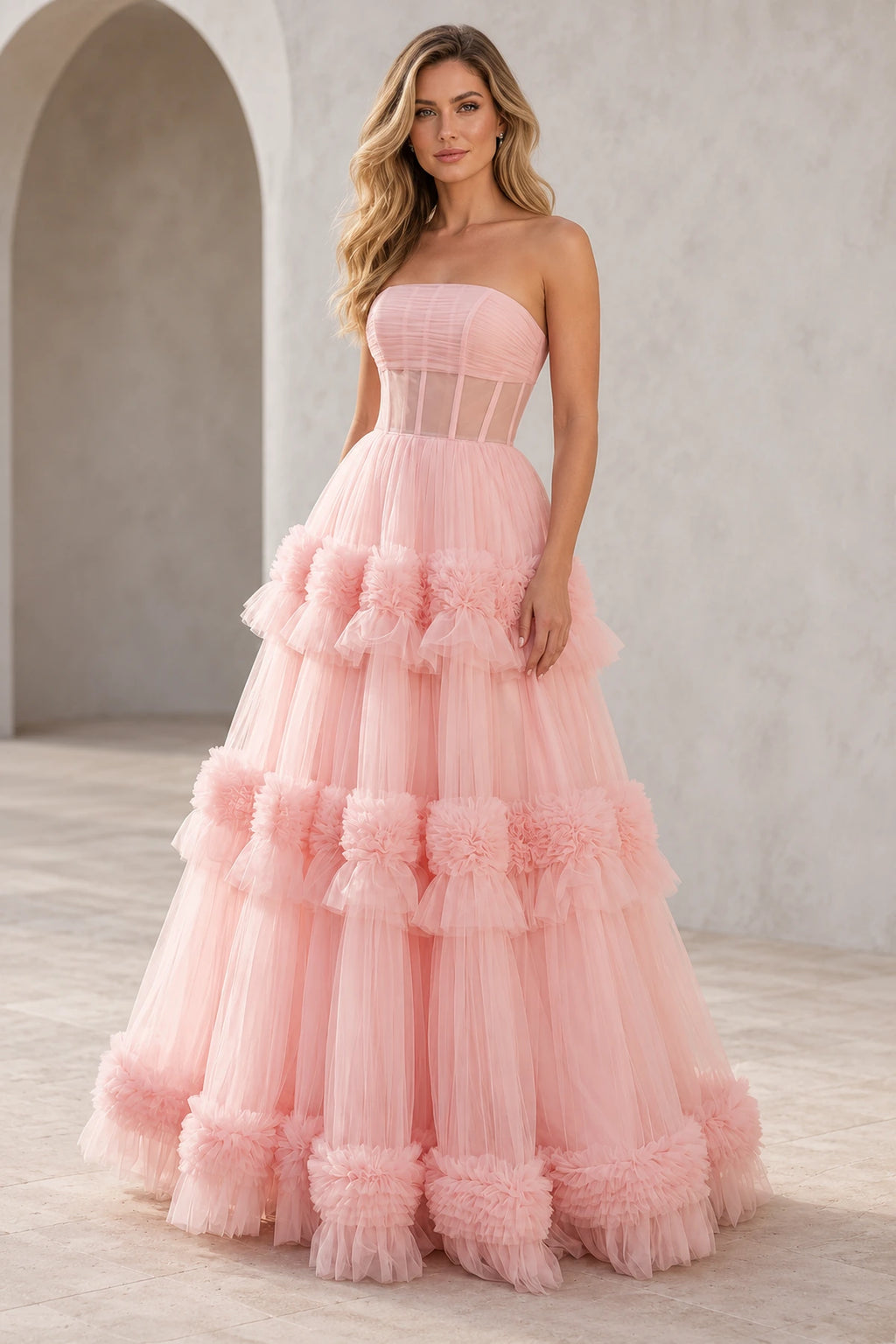Dreamy Tulle A Line Straight Neck Strapless Tiered Long Prom Dress