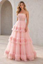 Dreamy Tulle A Line Straight Neck Strapless Tiered Long Prom Dress