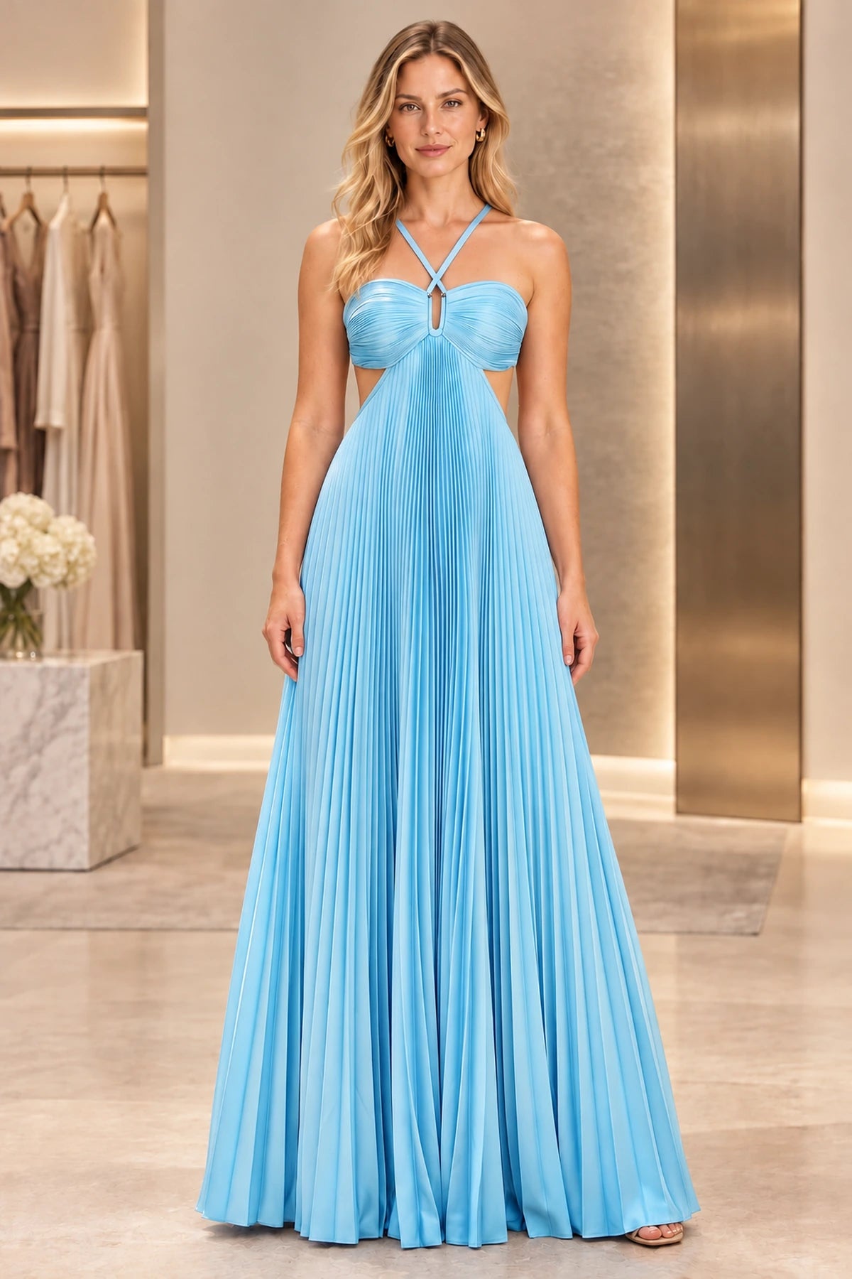 Elegant Satin A-Line Halter Sleeveless Tie-Back Floor-Length Prom Dress