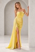 Radiant Satin Look Sheath Straight Neck Strapless Draped Long Prom Dress