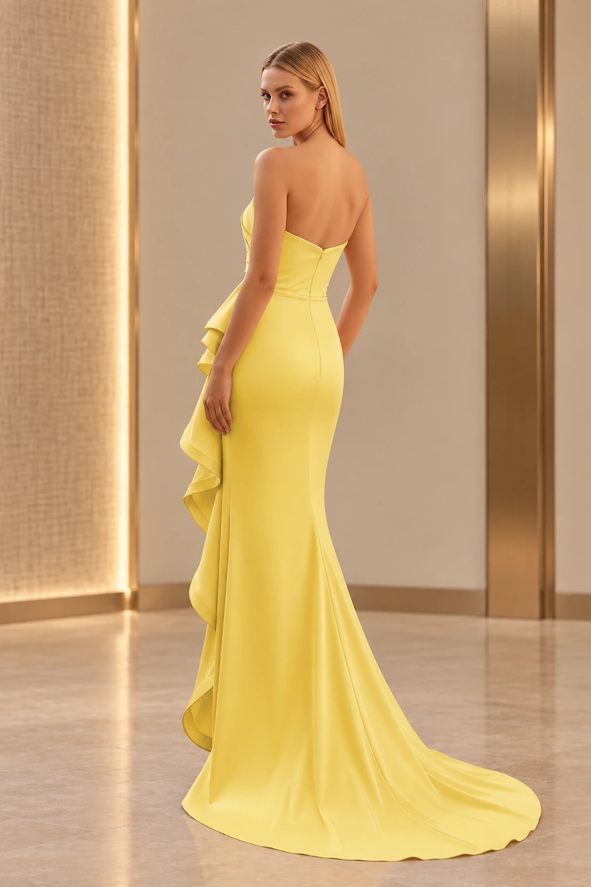 Romantic Satin Look Sheath Straight Neck Strapless Ruffled Long Prom Dress