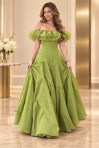Romantic Satin A-Line Off Shoulder Ruffle Sleeve Fitted Back Long Prom Dress