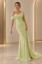 Elegant Chiffon Sheath Asymmetric Neckline Cape Sleeve Long Wedding Guest Dress