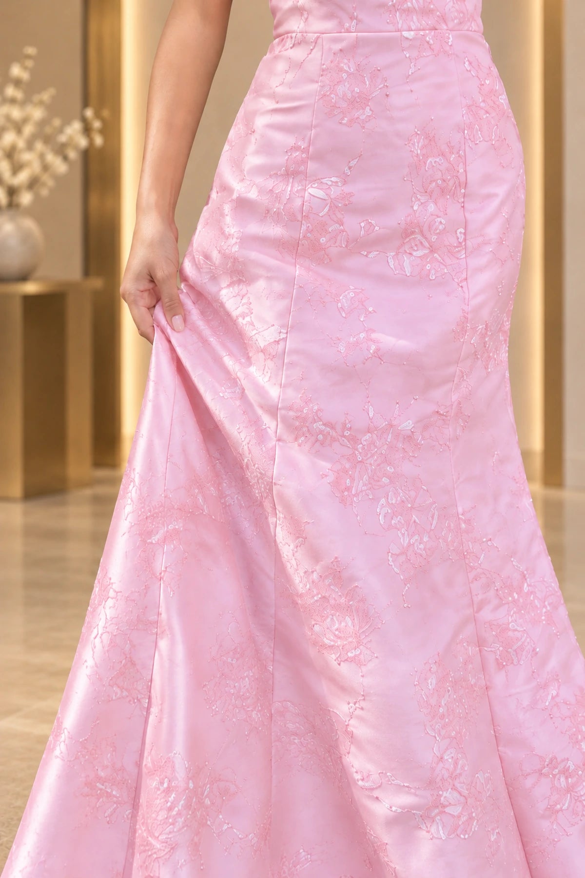 Elegant Floral Jacquard Mermaid Strapless Corset Back Long Prom Dress