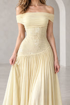 Romantic Chiffon A-Line Off Shoulder Short Sleeve Zipper Back Long Prom Dress