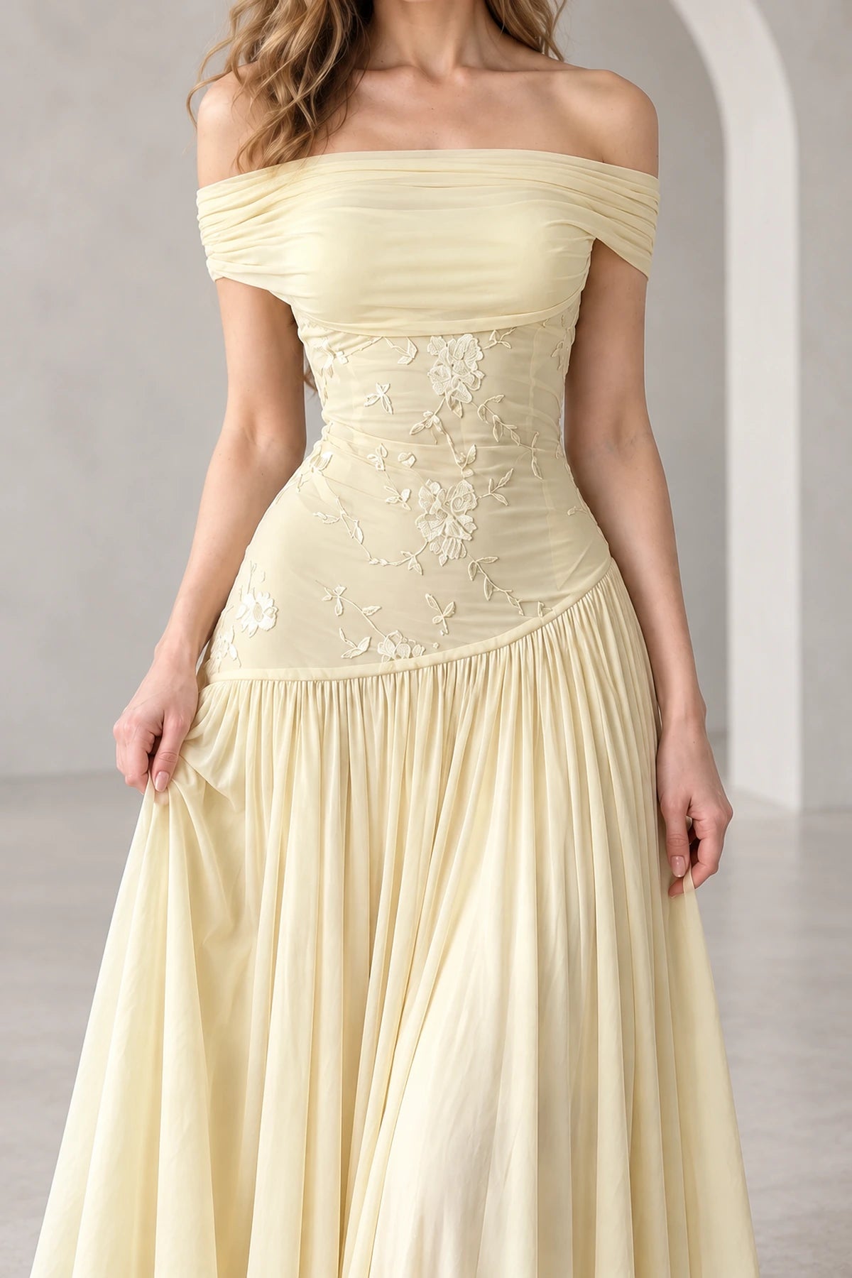 Romantic Chiffon A-Line Off Shoulder Short Sleeve Zipper Back Long Prom Dress