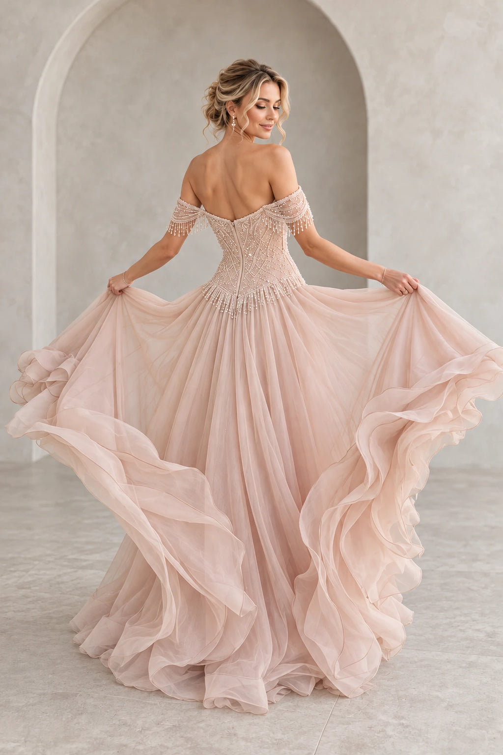 Romantic Tulle A-Line Sweetheart Short Sleeve Zipper Back Long Prom Dress