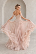 Romantic Tulle A-Line Sweetheart Short Sleeve Zipper Back Long Prom Dress