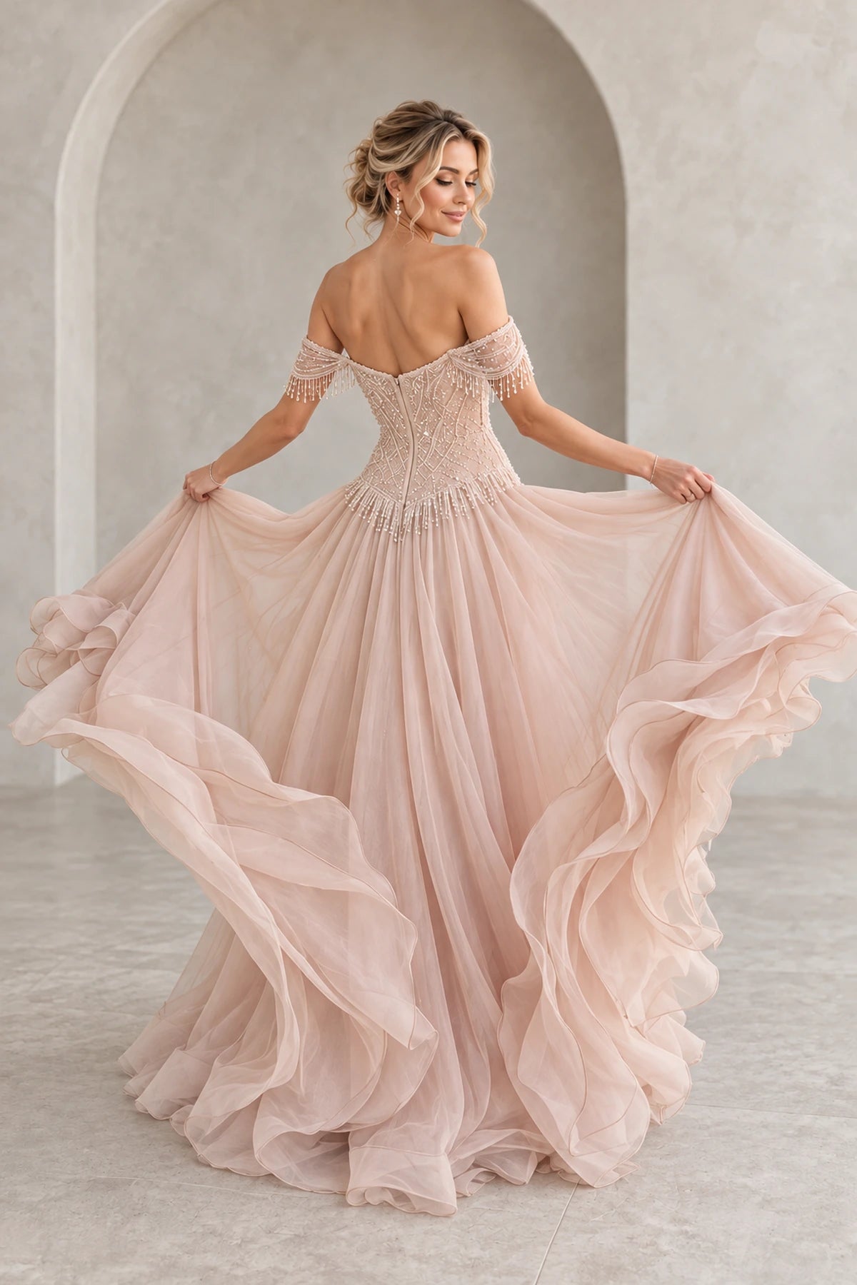 Romantic Tulle A-Line Sweetheart Short Sleeve Zipper Back Long Prom Dress