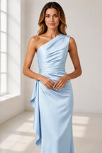 Refined Column One Shoulder Sleeveless V Back Floor Length Wedding Guest Dress