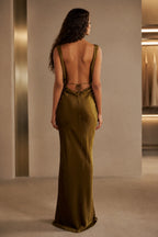 Sophisticated Sheath Cowl Neck Sleeveless Low Back Floor Length Wedding Guest Dress