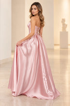Refined Satin Look A Line Scoop Neck Strapless Long Prom Dress