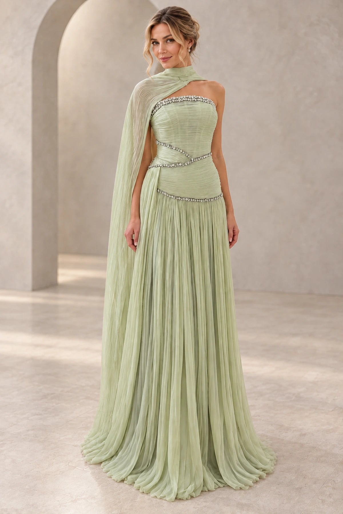 Elegant Chiffon A Line Strapless Cape Back Floor Length Prom Dress
