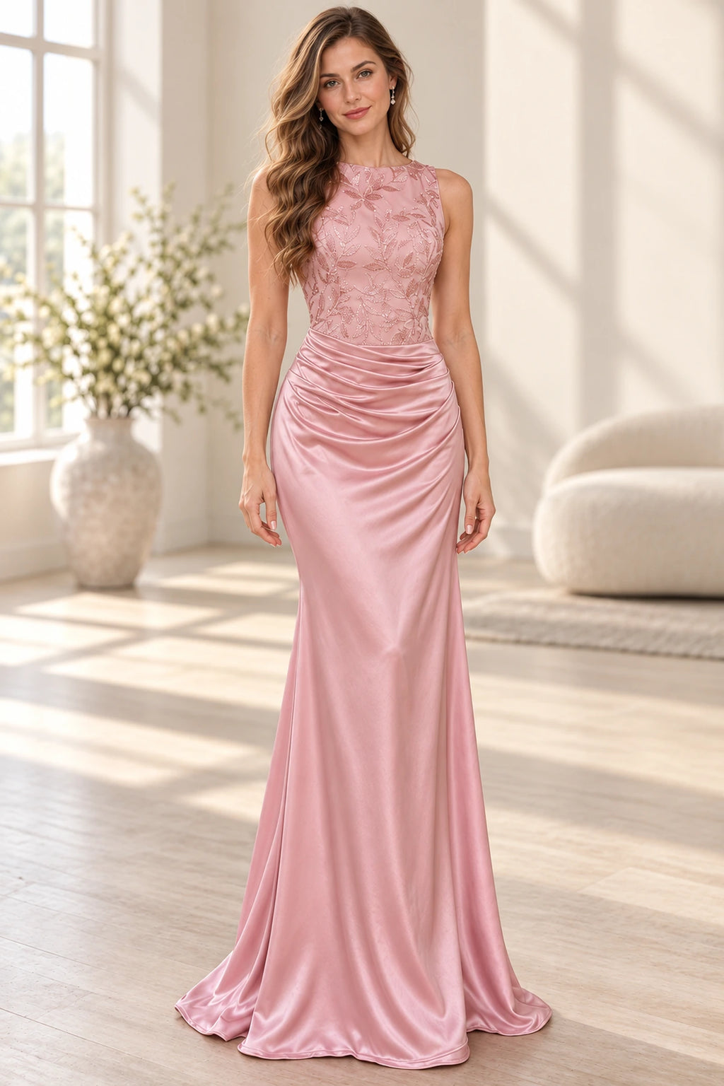 Elegant Satin Mermaid Round Neck Sleeveless Zipper Back Long Wedding Guest Dress