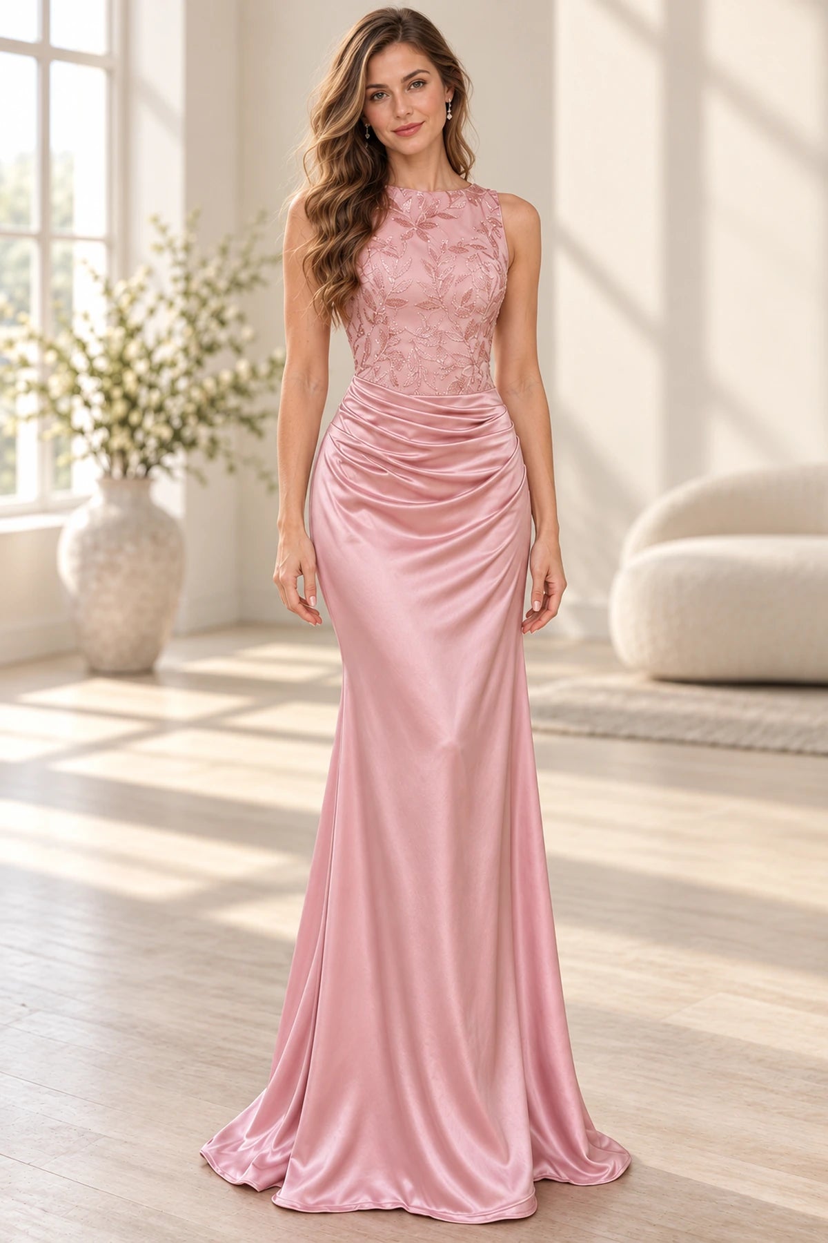 Elegant Satin Mermaid Round Neck Sleeveless Zipper Back Long Wedding Guest Dress
