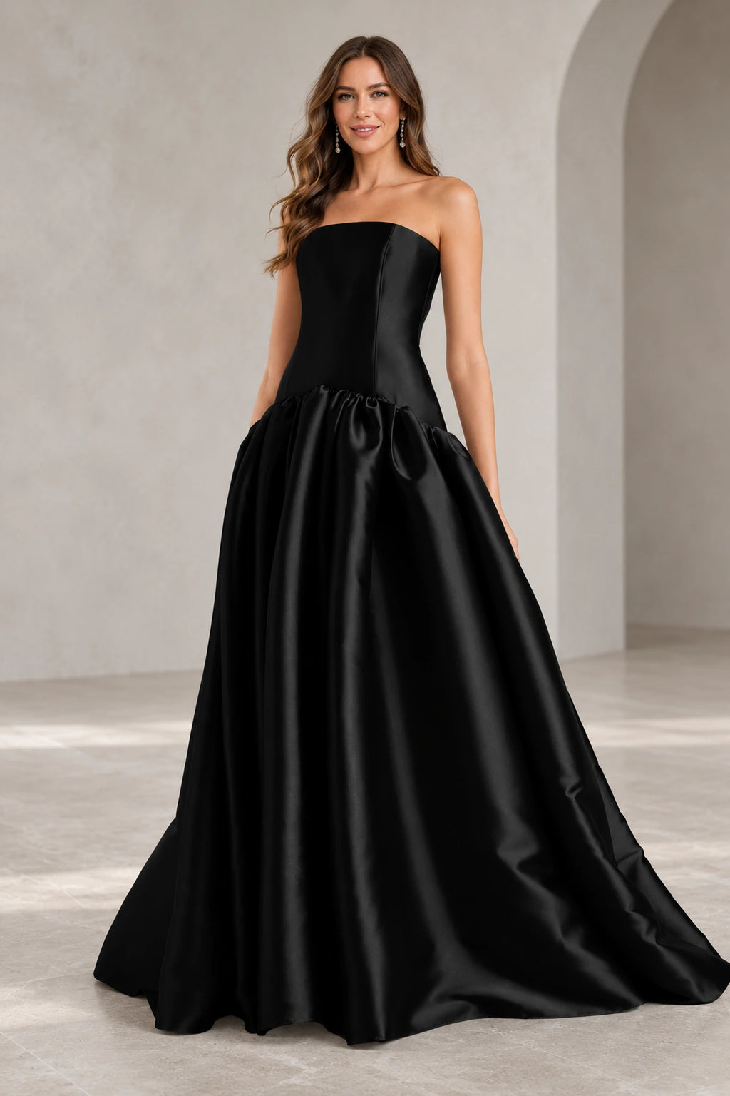 Romantic A Line Straight Neck Strapless Drop Waist Long Prom Dress