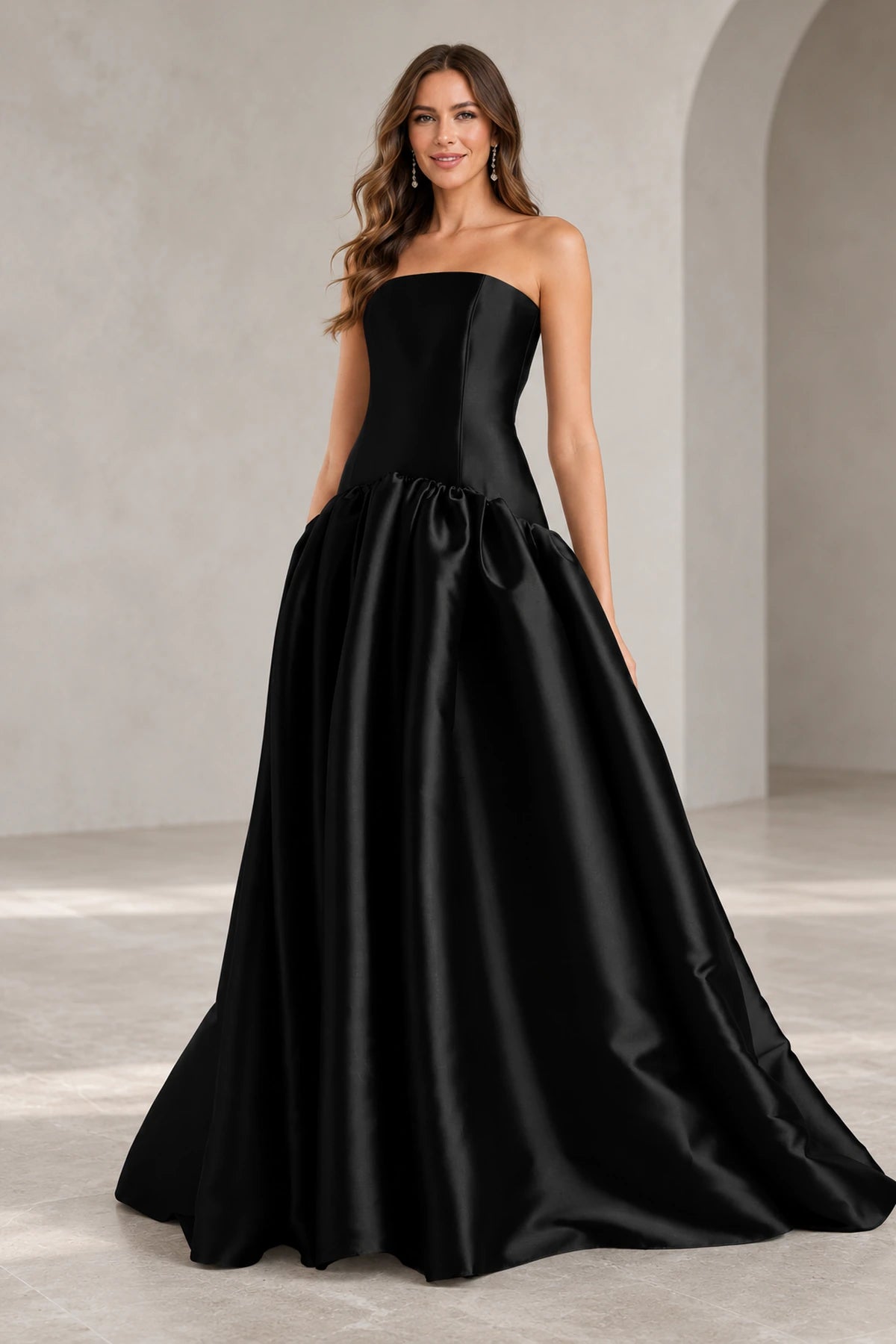 Romantic A Line Straight Neck Strapless Drop Waist Long Prom Dress