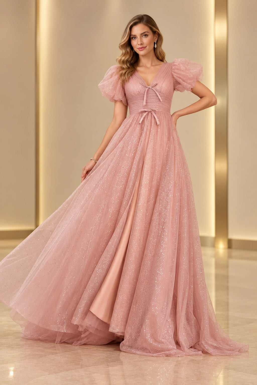 Dreamy A Line V Neck Puff Sleeve Lace Up Prom Dress
