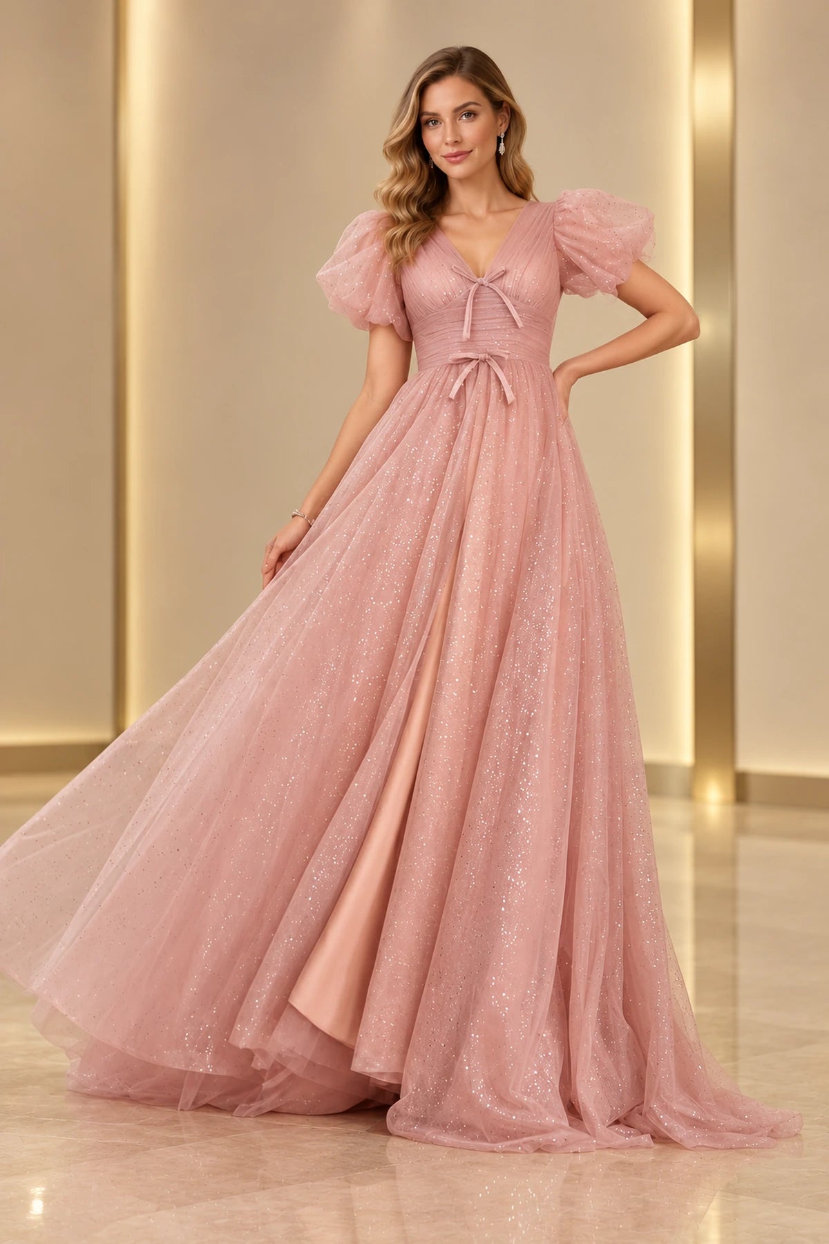 Dreamy A Line V Neck Puff Sleeve Lace Up Prom Dress